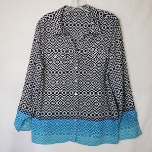 Notations Blue Black White Blouse Long Sleeve Top Women's Size L